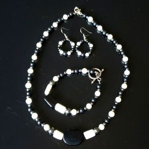Handmade Black and White Jewelry Set Beaded with Necklace Bracelet and Earrings